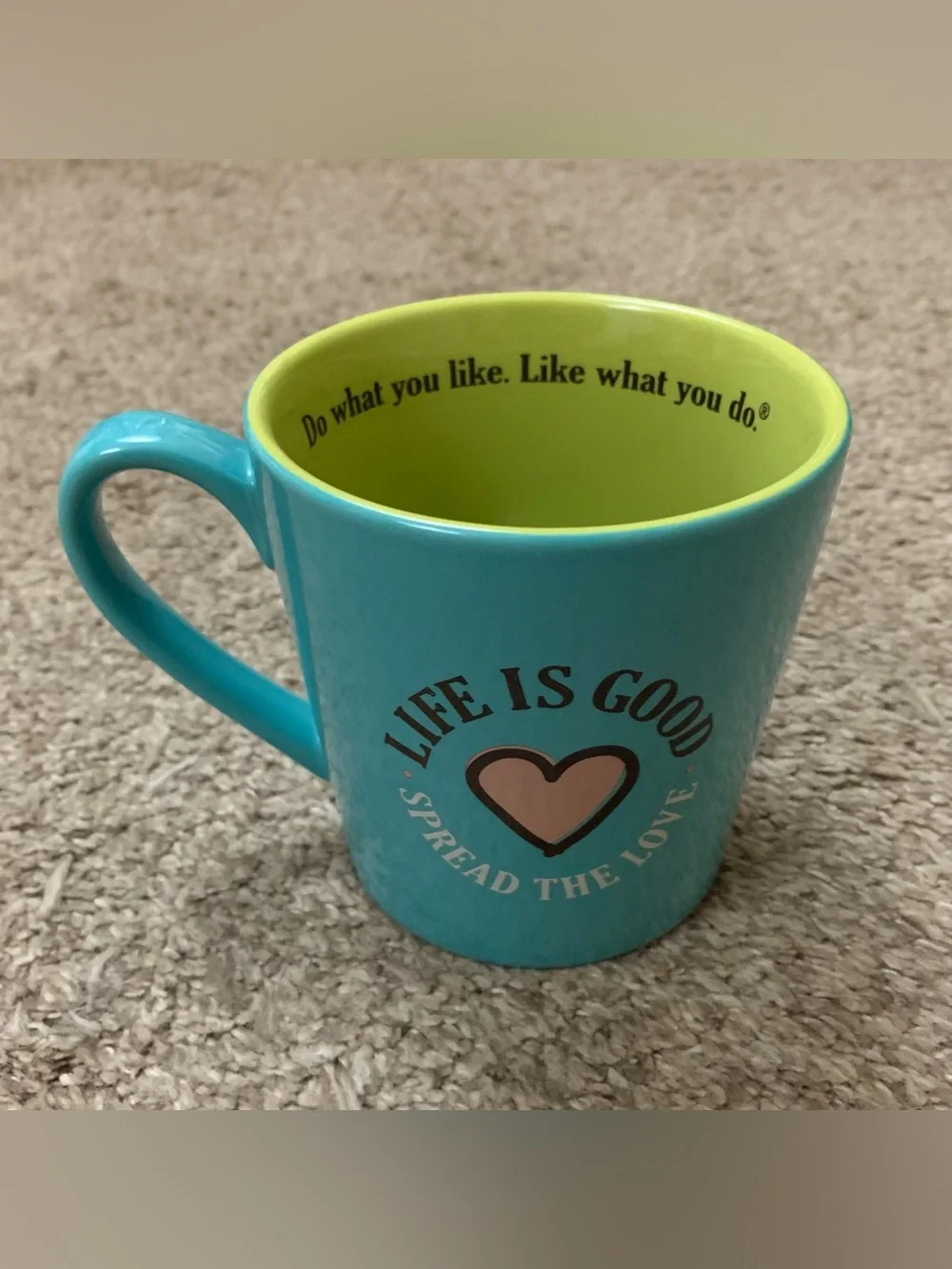 Life Is Good Coffee Mug Ceramic Drinking Glass Spread The Love Heart Blue Green